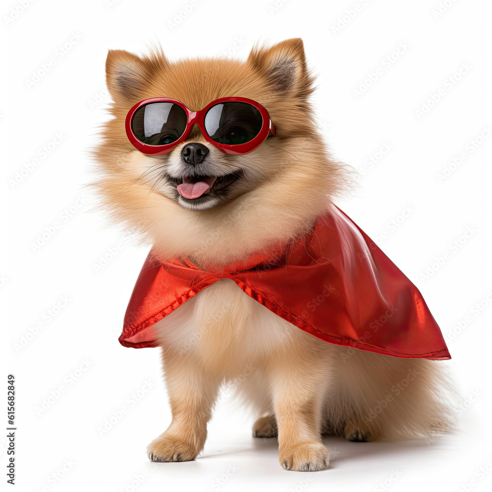 A Pomeranian (Canis lupus familiaris) with superhero cape and goggles