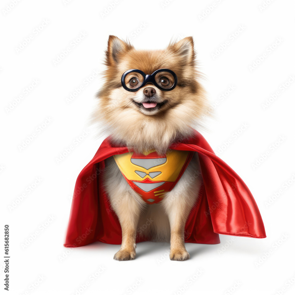 A Pomeranian (Canis lupus familiaris) with superhero cape and goggles