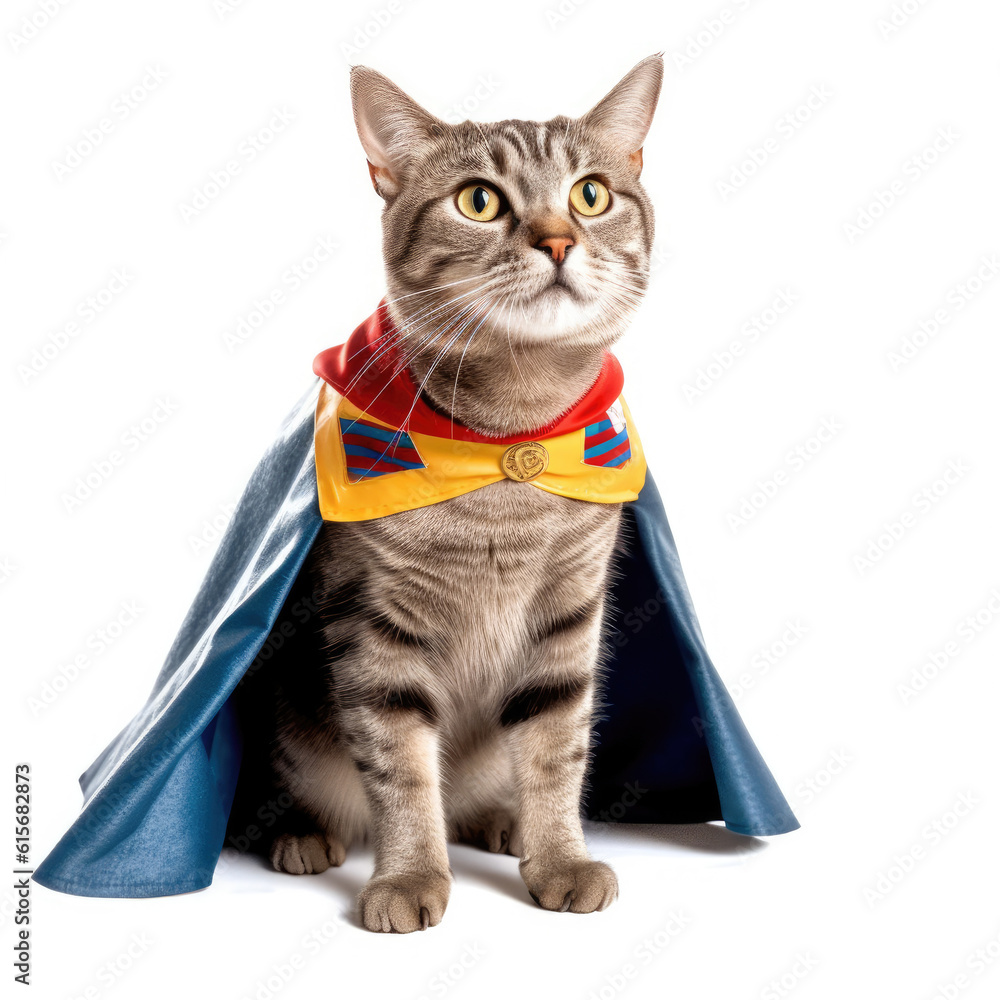 American Shorthair cat (Felis catus) wearing superhero cape, striking heroic pose