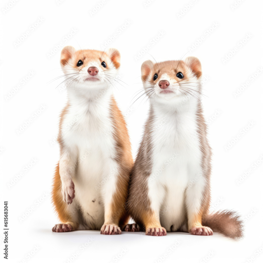 Two Ermines (Mustela erminea) in winter fur