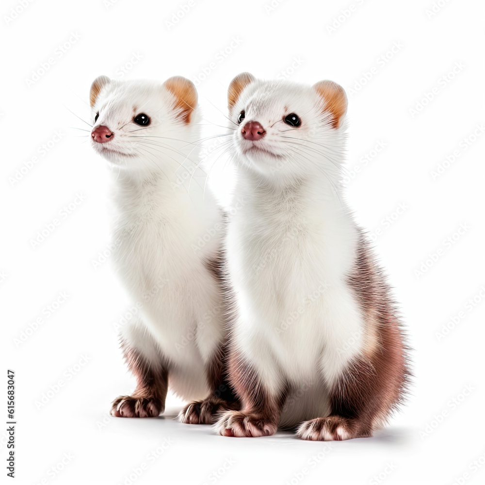 Two Ermines (Mustela erminea) in winter fur