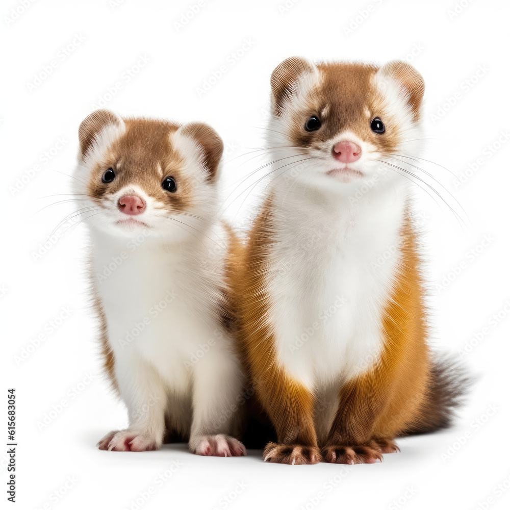 Two Ermines (Mustela erminea) in winter fur