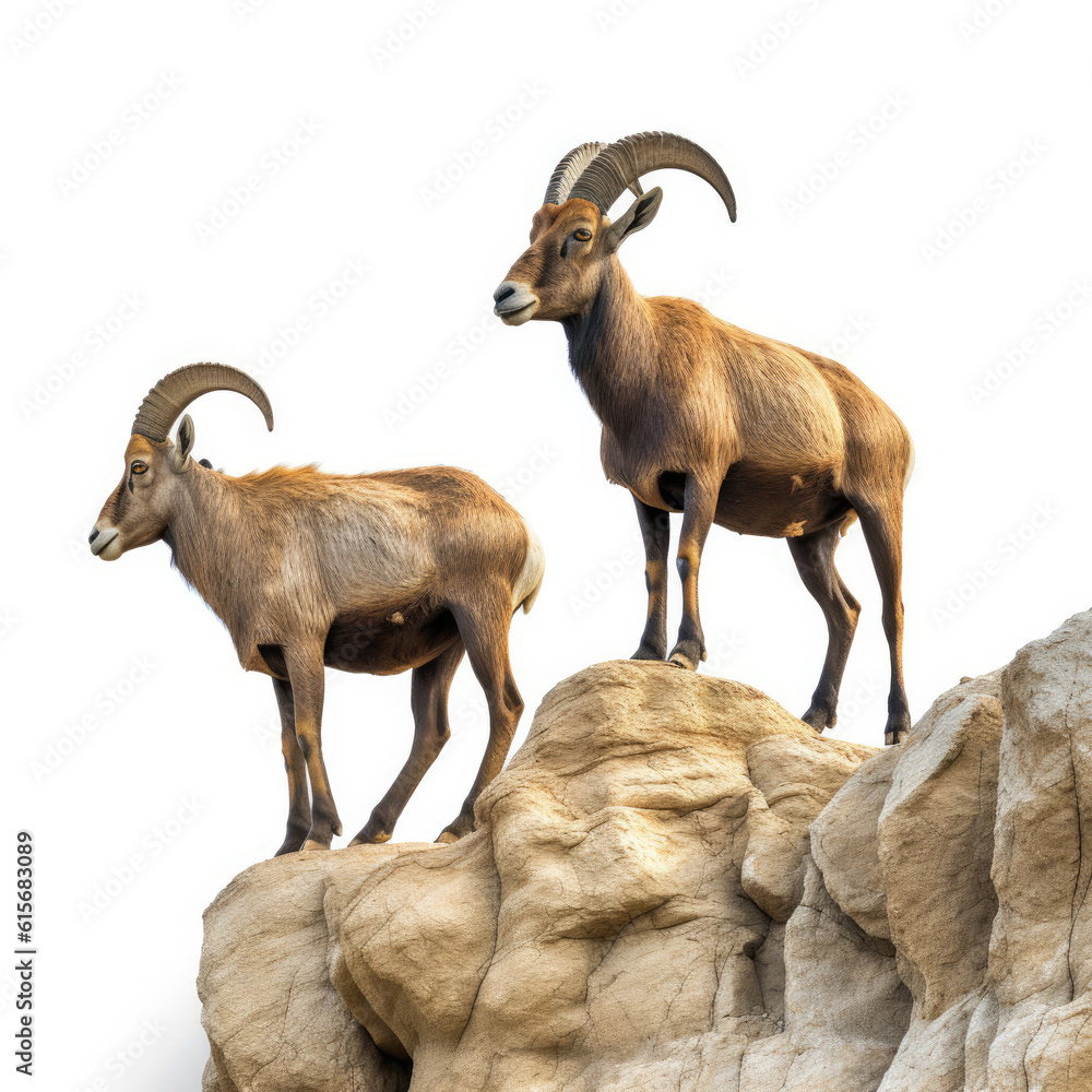 Two Ibexes (Capra ibex) on a rocky ledge