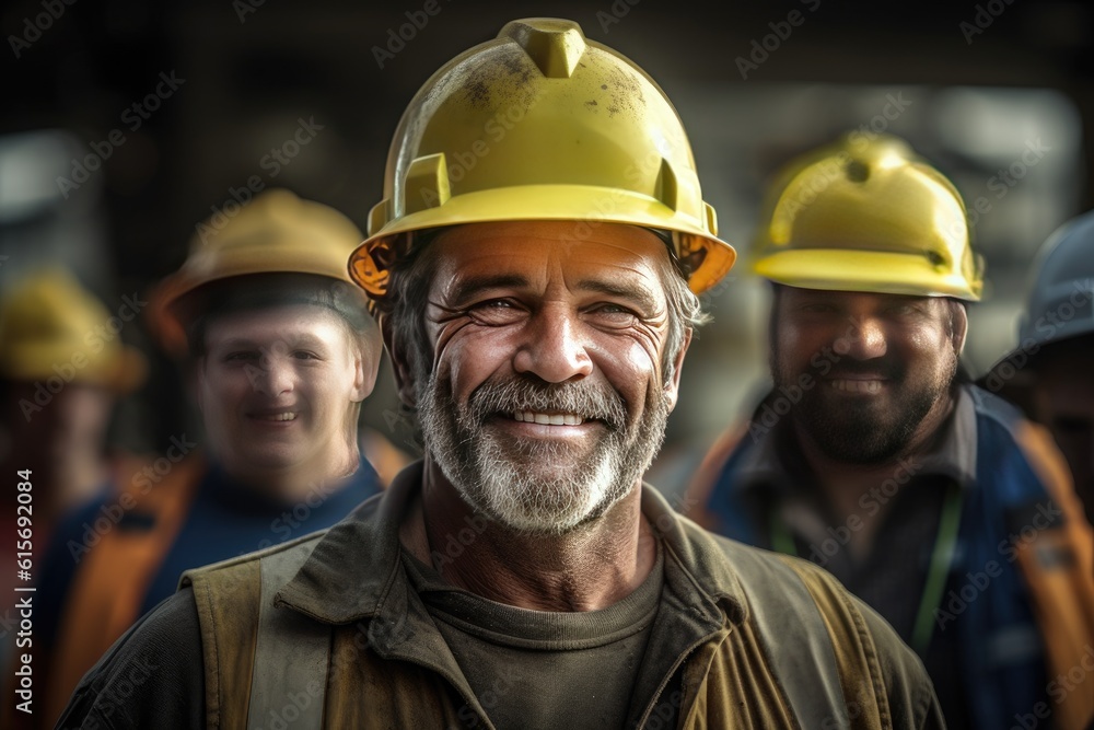 Happy of team construction worker at construction site. Generative Ai