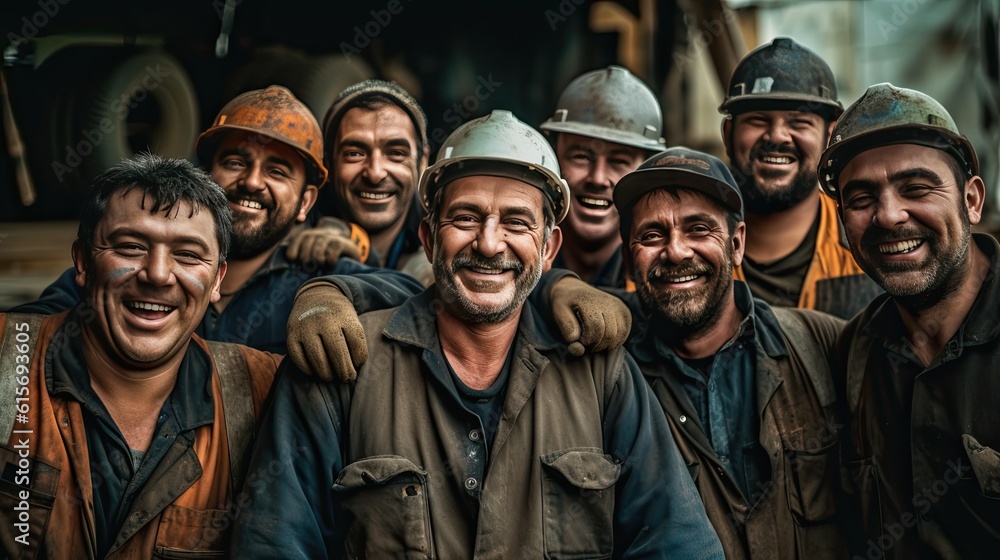 Group of happy workers at construction site. Generative Ai