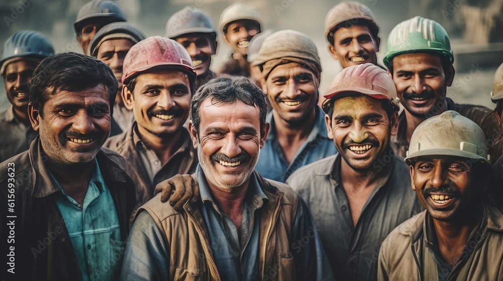 Group of happy workers at construction site. Generative Ai