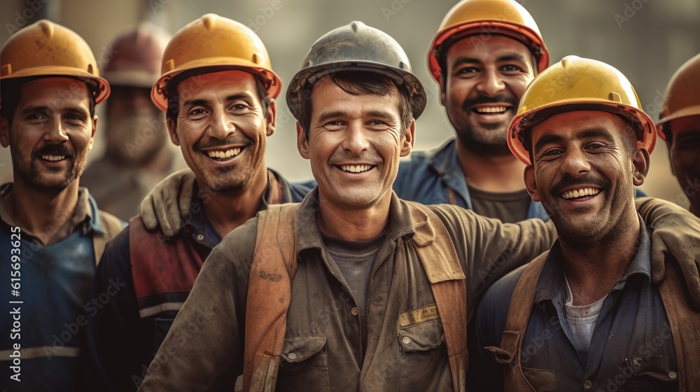 Group of happy workers at construction site. Generative Ai