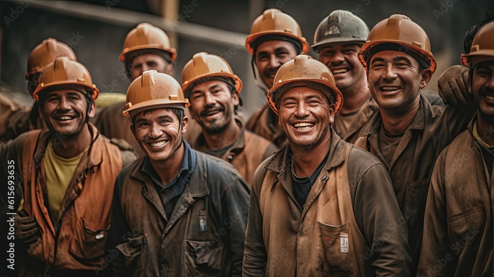 Group of happy workers at construction site. Generative Ai