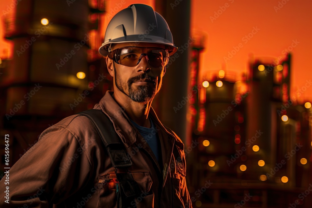 An oil industry engineer at a refinery. realistic twilight lighting. Generative Ai