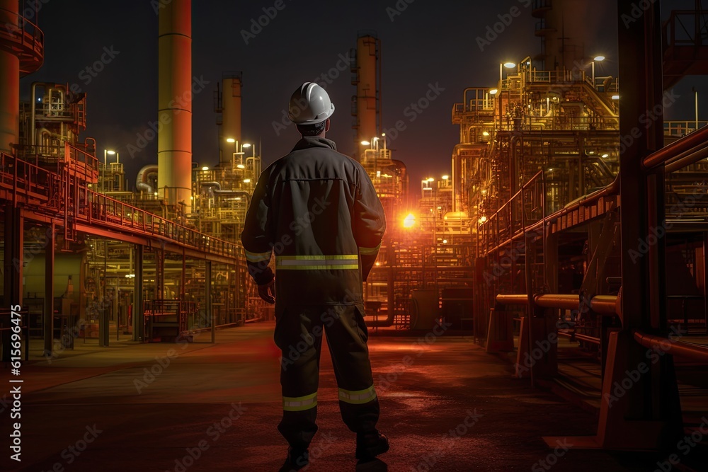 An oil industry engineer at a refinery. realistic twilight lighting. Generative Ai