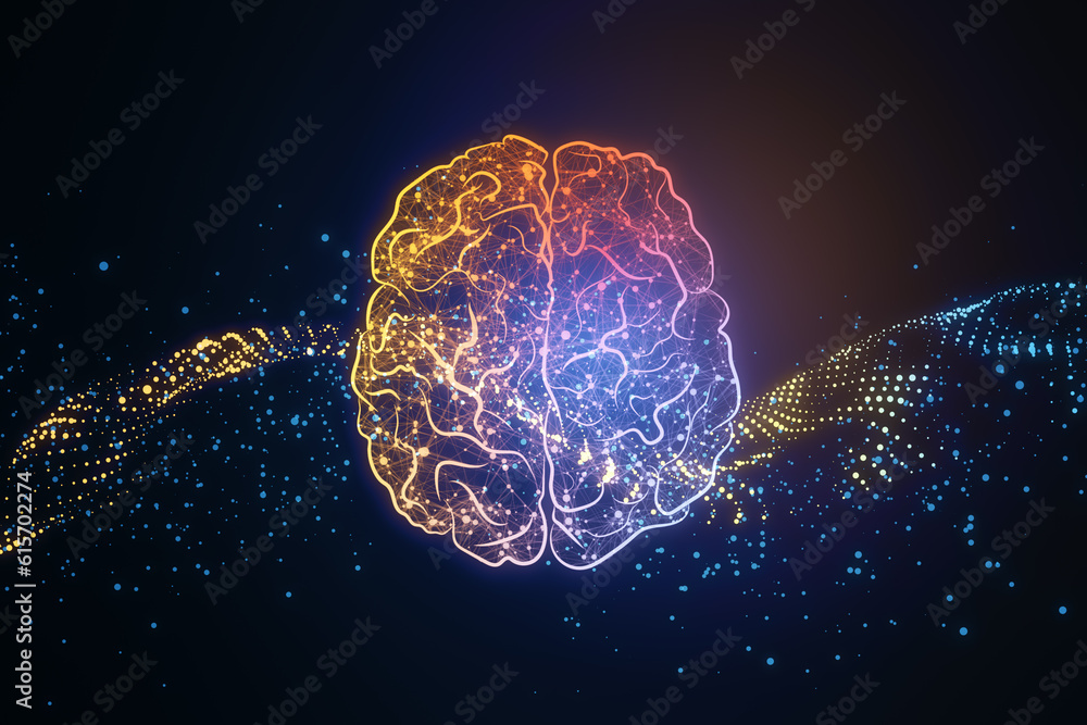 Digital human brain illustration on dark blue background, artificial intelligence and macine learnin