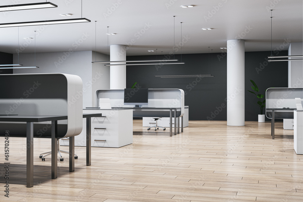 Modern coworking office interior with furniture, empty computer monitors and wooden flooring. 3D Ren