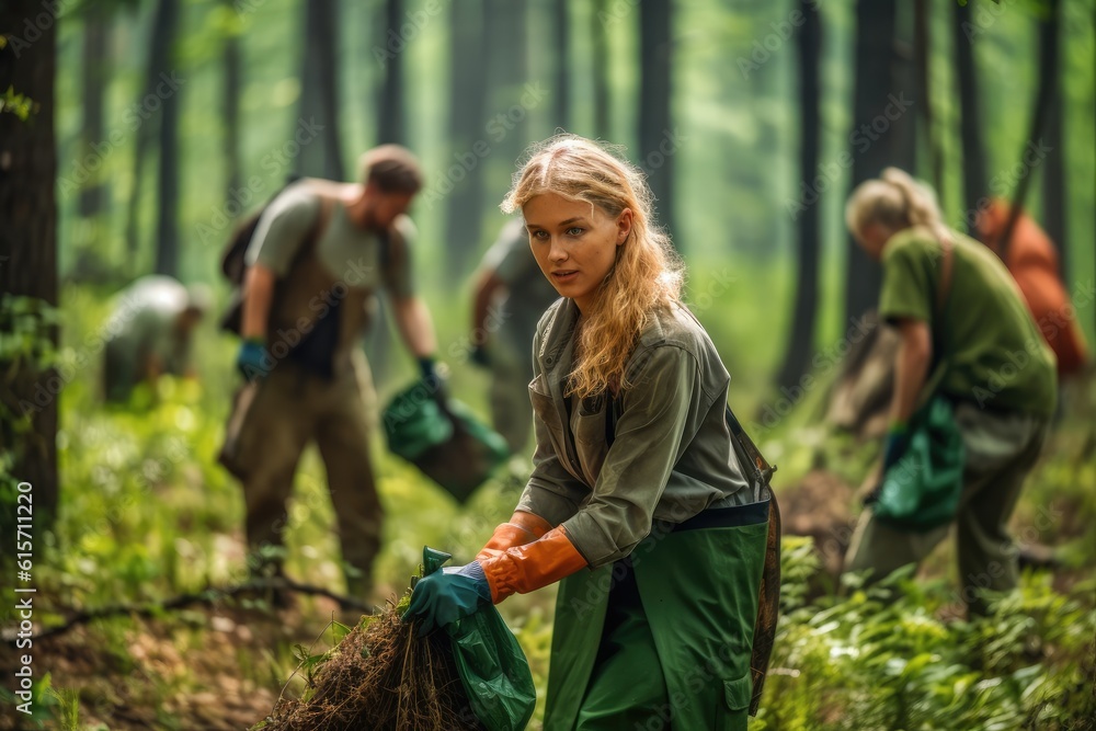 Volunteers picking up trash in the forest, Clean planet Earth, collect garbage, avoid pollution, sav