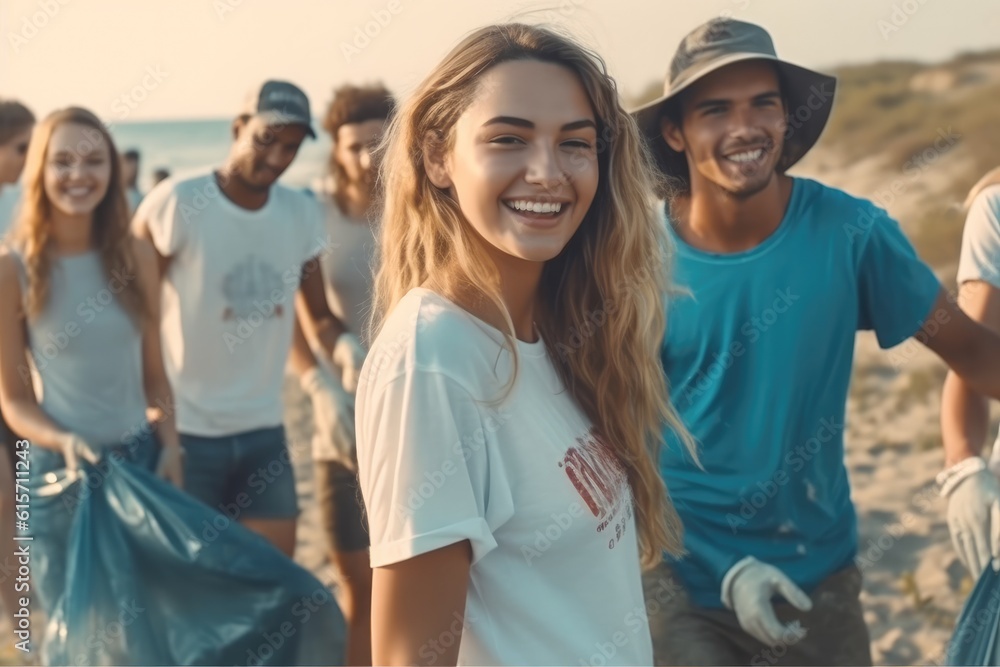 Group of young cheerful friends volunteers are cleaning beach from plastic.