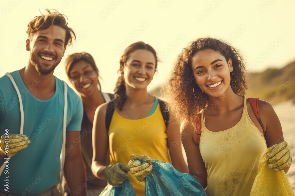 Group of young cheerful friends volunteers are cleaning beach from plastic.