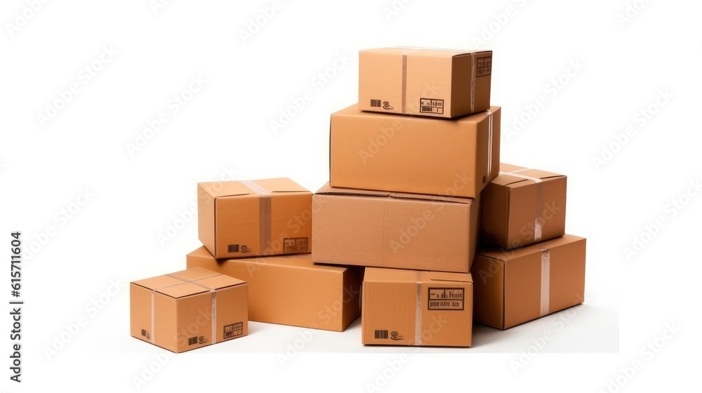 Lots of various cardboard carton boxes on white background, Delivery, online marketing packaging box