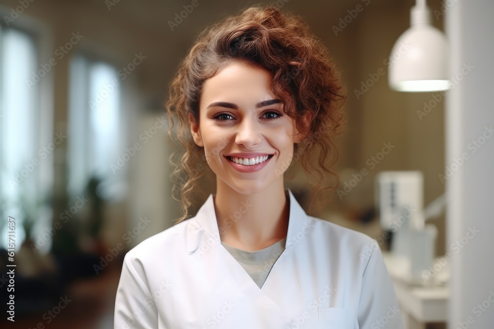 Beautiful dentist smiling at camera while standing at dental clinic.