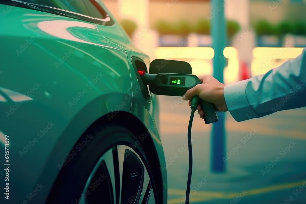 Closeup hand holding EV plug for electric vehicle charging station, Progressive idea of alternative 