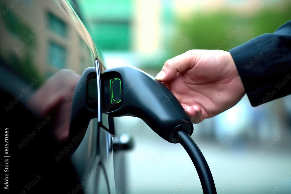 Closeup hand holding EV plug for electric vehicle charging station, Progressive idea of alternative 