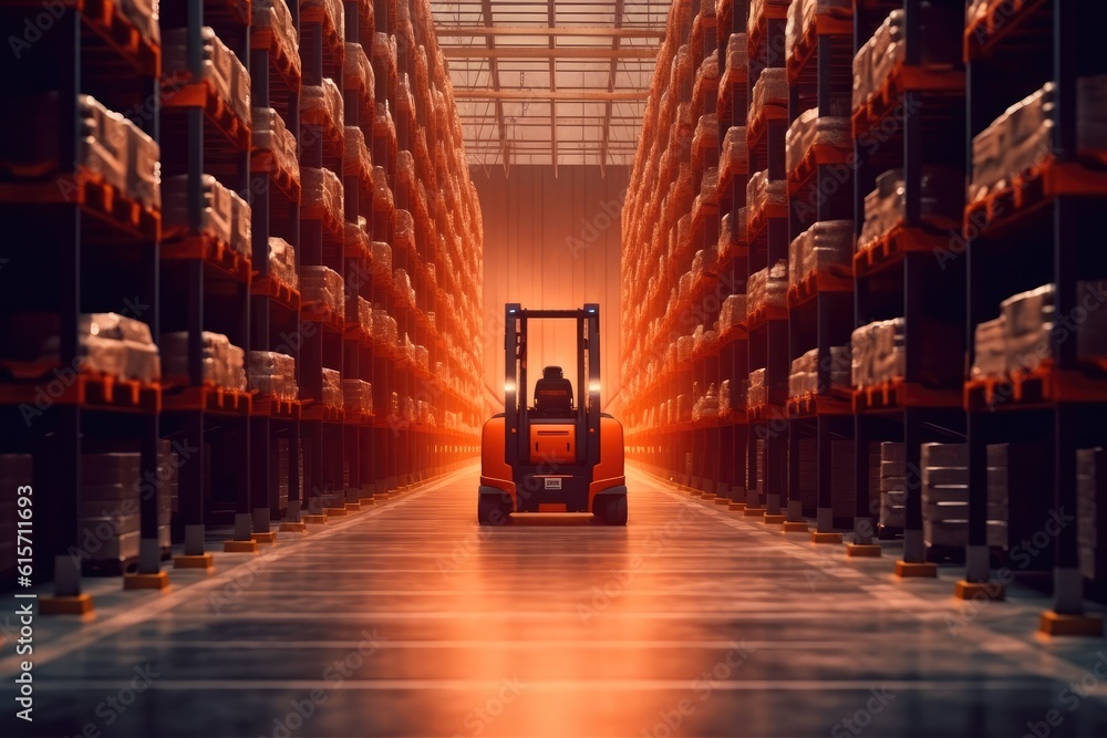 Modern forklift truck at large warehouse, Autoloader in a large modern warehouse.