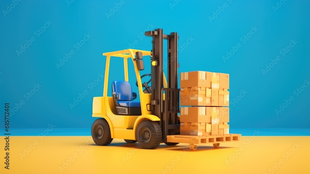 Electric forklift loads a wooden pallet on blue background, Trade and logistics concept.