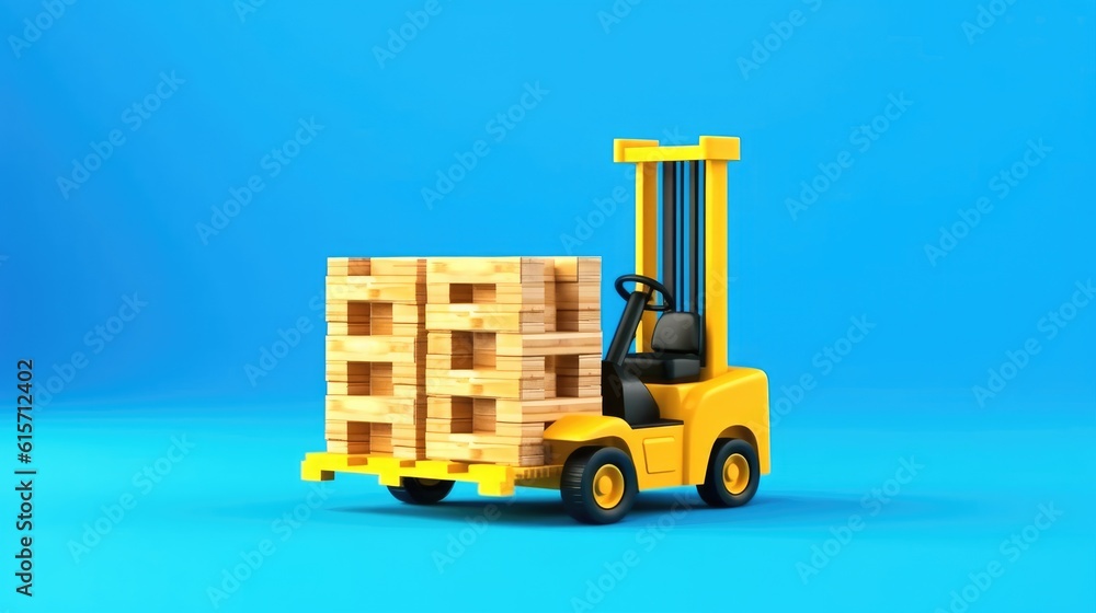 Toy forklift, Electric forklift loads, Rider stacker with boxes on pallet isolated on background.