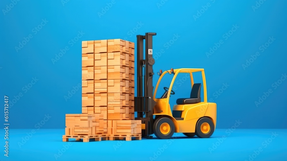 Electric forklift loads a wooden pallet on blue background, Trade and logistics concept.