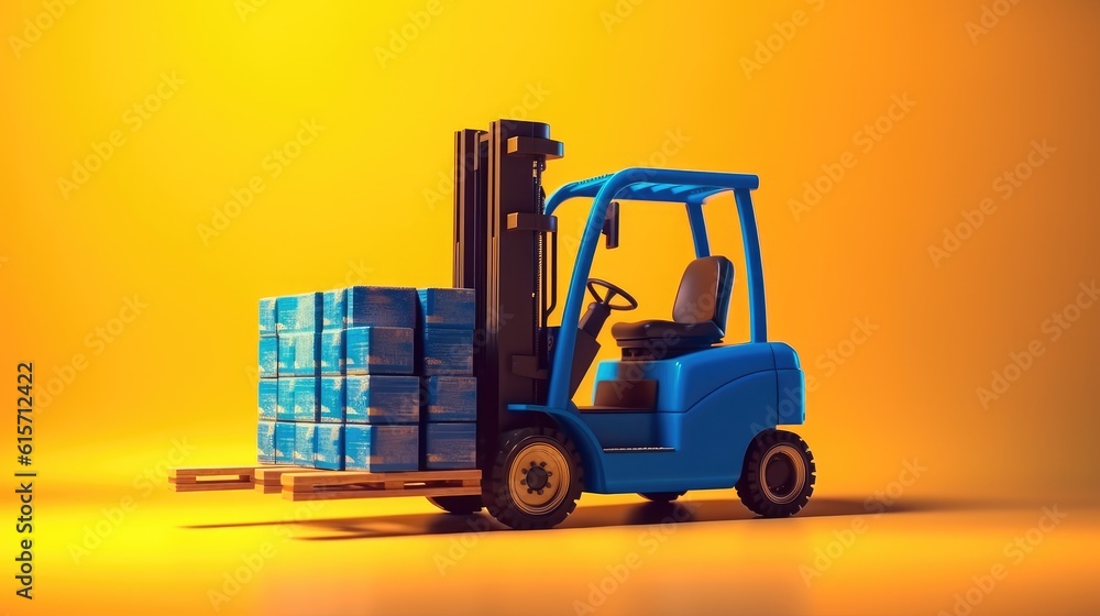 Modern forklift truck with boxes on wooden pallet on yellow background, Logistics, Logistics Busines