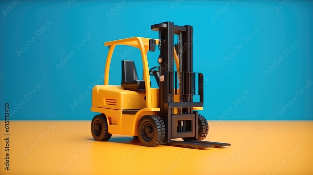 Electric forklift loads a wooden pallet on blue background, Trade and logistics concept.