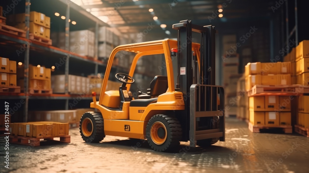 High Rack Stacker Forklift In Warehouse Row in huge distribution warehouse.