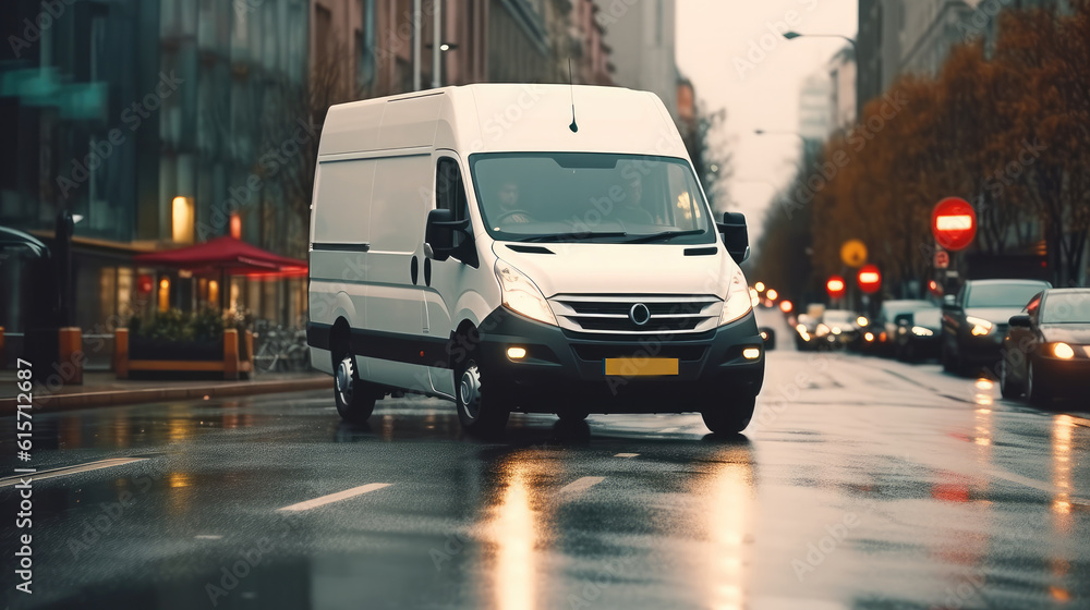 Fast moving cargo car on road, Boxer panel van in on city street.