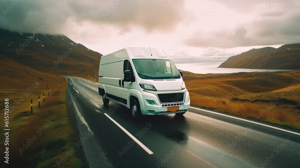 Modern transportation service with a white van on the road, Delivery, Logistics.