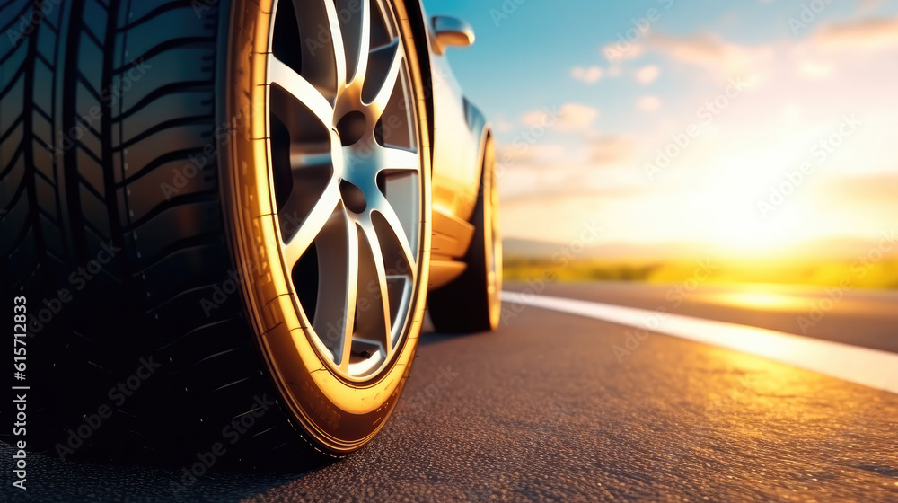 Tires on the asphalt road, Low angle side view of car driving fast at sunset.