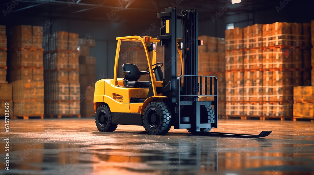 High Rack Stacker Forklift in Distribution Warehouse, Warehouse full of goods and a forklift in acti