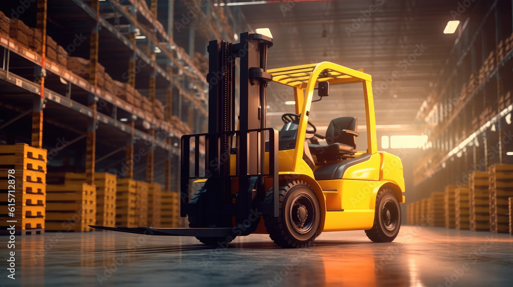 High Rack Stacker Forklift in Distribution Warehouse, Warehouse full of goods and a forklift in acti