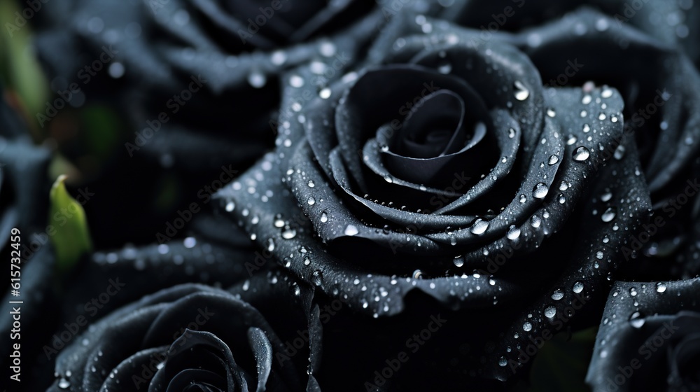 Black Roses flowers with water drops background. Closeup of blossom with glistening droplets. Genera