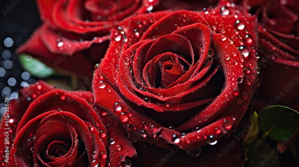 Red Roses flowers with water drops background. Closeup of blossom with glistening droplets. Generati