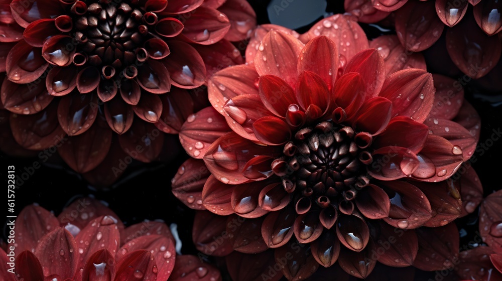 Black and red Dahlia flowers with water drops background. Closeup of blossom with glistening droplet