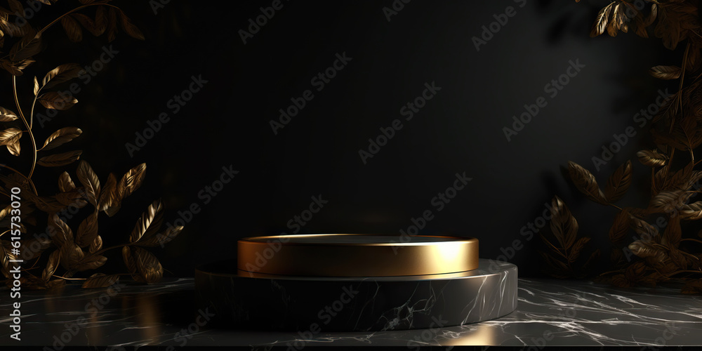 Podium made of black marble with gold, pedestal or platform. Advertising scene. Blank product stand.