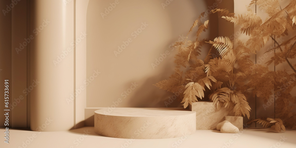 Beige podium for product display presentation. Sandstone and sandy colored plants. Generative AI