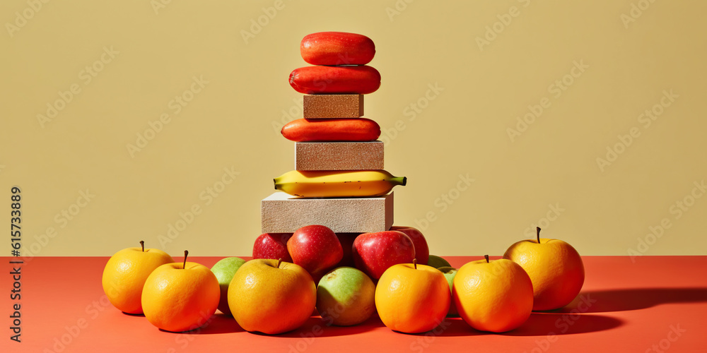 Equilibrium food balance diet concept. Balancing pyramid or tower of fruits. Generative AI