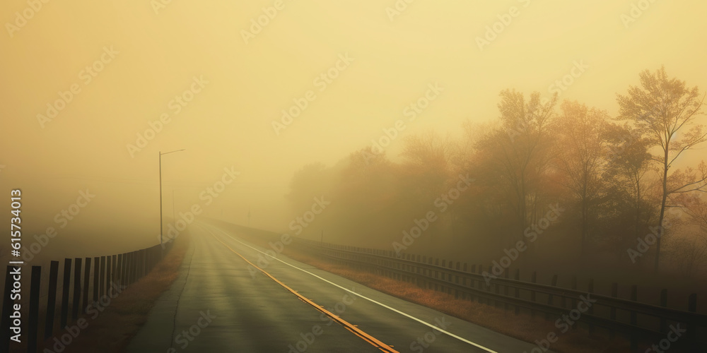 Minimalistic misty empty road. Foggy highway. Mystery travel concept. Generative AI