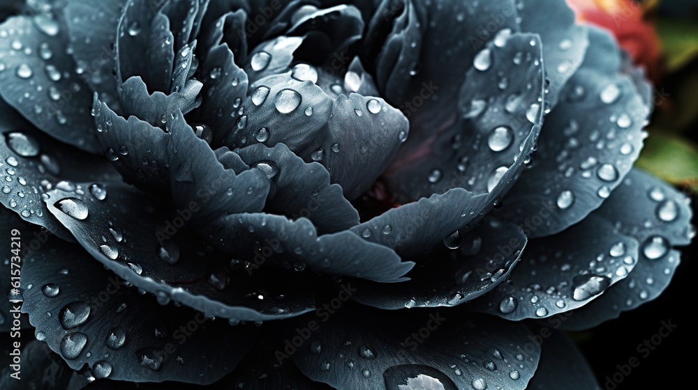 Black Peony flowers with water drops background. Closeup of blossom with glistening droplets. Genera