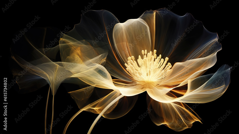 Golden x-ray image of a ethereal flower on black. Fantasy mystical blossom. Generative AI