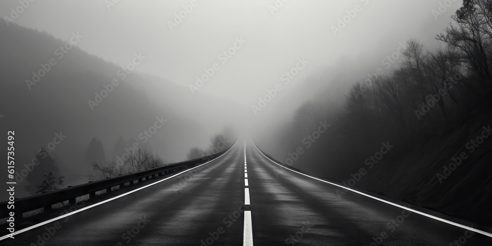 Misty empty road with trees on the side. Foggy highway. Mystery travel concept. Generative AI