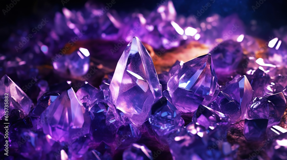 Amazing bright and shiny Amethyst crystal cluster background. Jewel mineral detailed macro. Generati