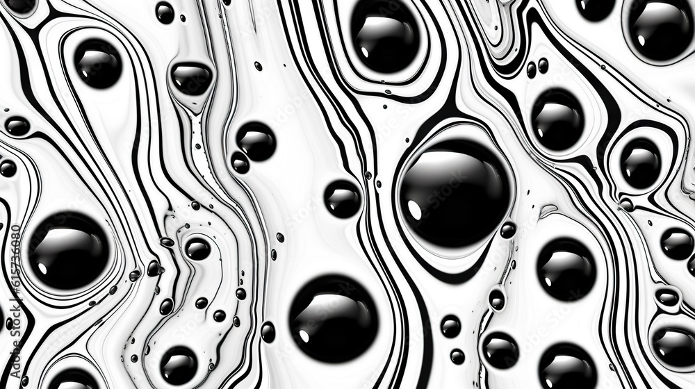 Abstract black paint drops mixed in white oil background. Non-mixing fluids pattern. Generative AI