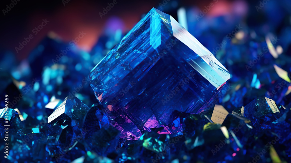 Amazing bright and shiny Azurite crystal cluster background. Jewel mineral detailed macro. Generativ