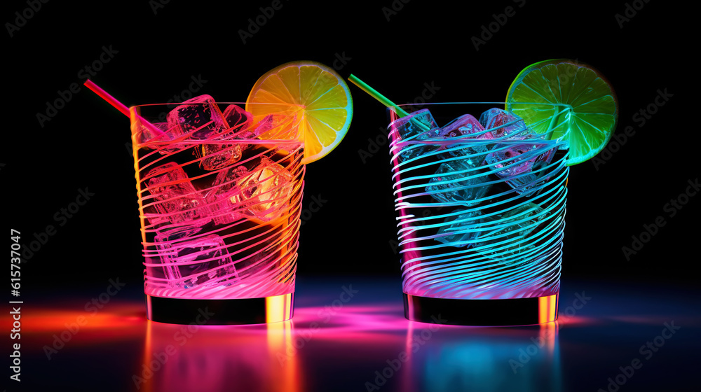 Glass of cocktail in hypnotic neon light. Colorful rave party drink. Generative AI