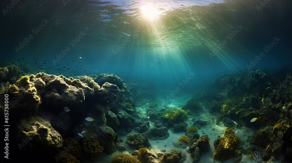 Underwater sunlight through the water surface seen from a rocky seabed with algae. Generative AI